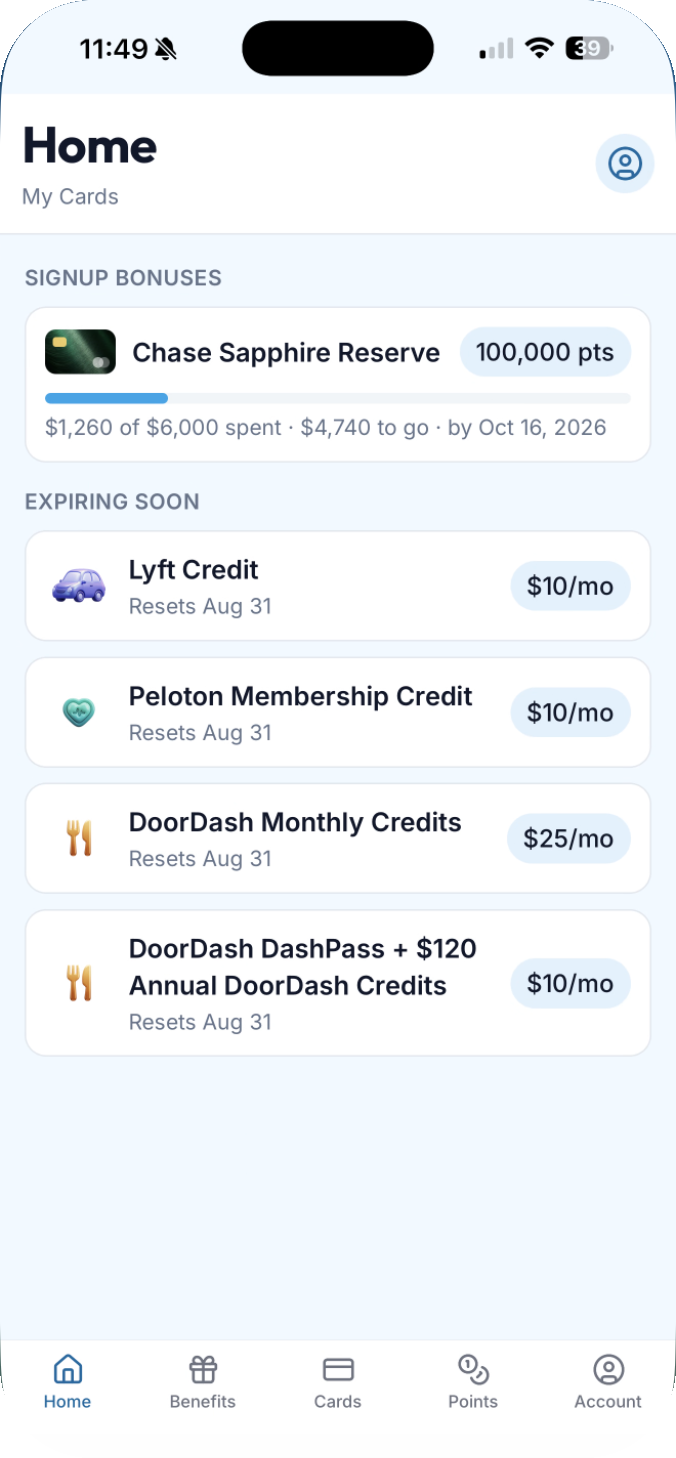 The WanderFreely Home screen: signup-bonus progress on the Chase Sapphire Reserve ($1,260 of $6,000 spent toward 100,000 points) and card credits expiring soon.